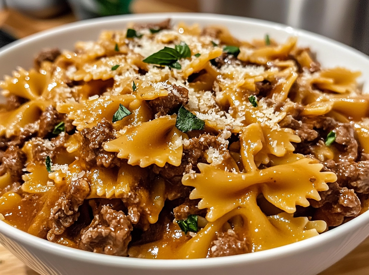 Cheesy Beef and Bowtie Pasta Garnished