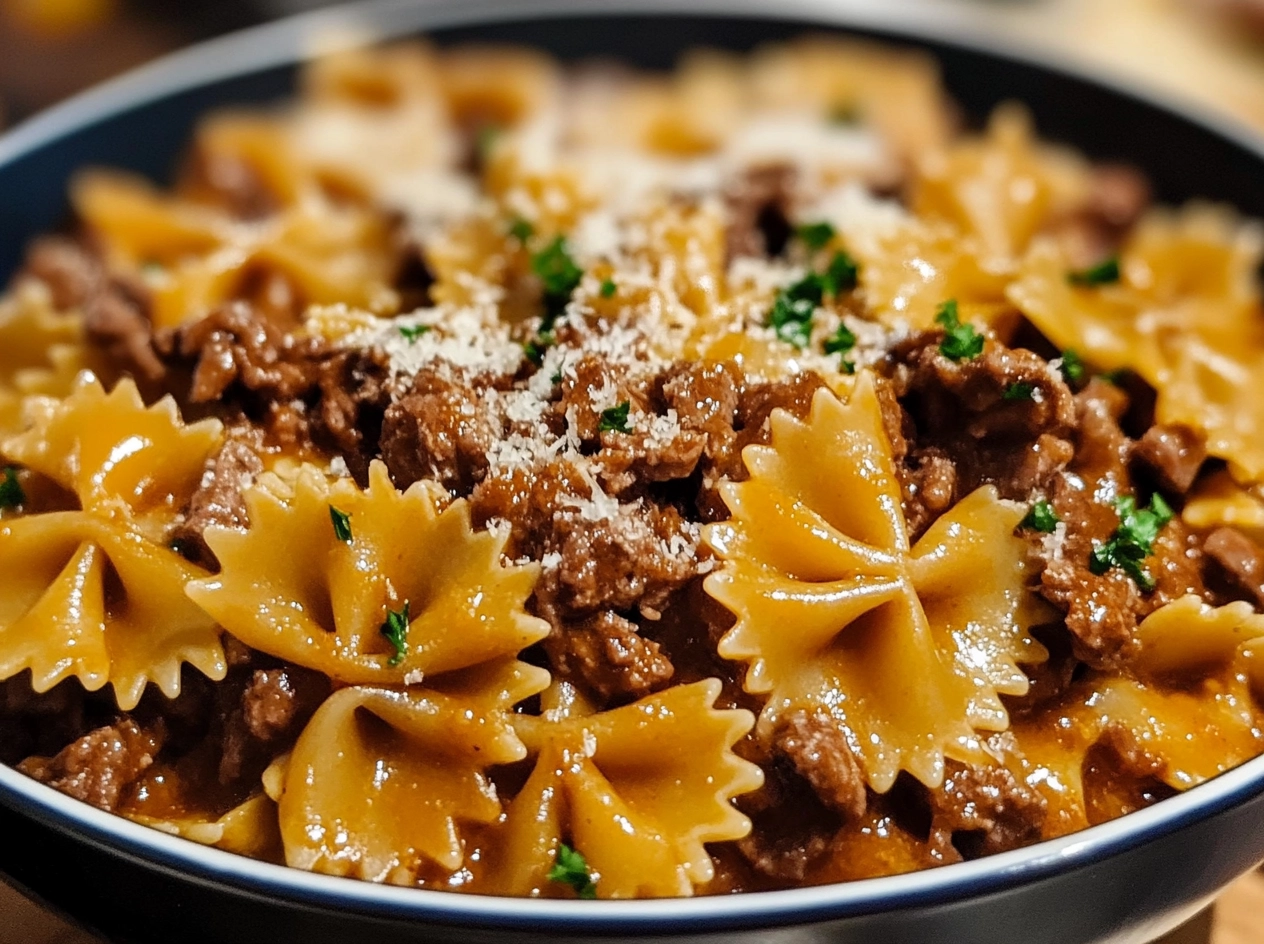 Cheesy Beef and Bowtie Pasta in Garlic Butter