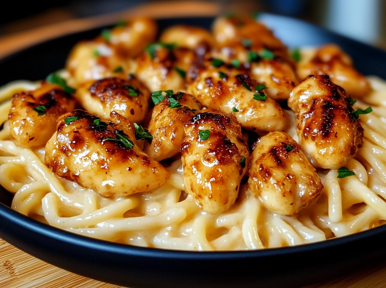 Garlic Butter Chicken Bites served with Savory Creamy Parmesan Pasta
