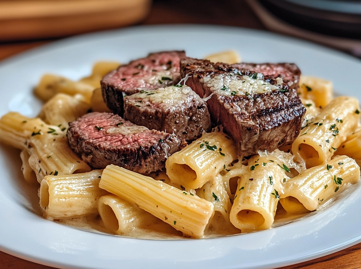 Final Dish of Garlic Butter Steak with Creamy Parmesan Rigatoni