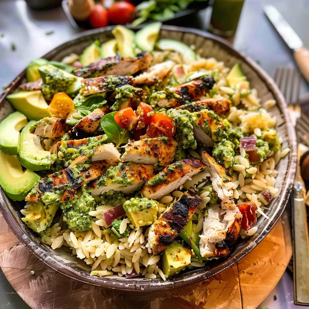 Tips for Pesto Chicken Avocado Orzo Salad.