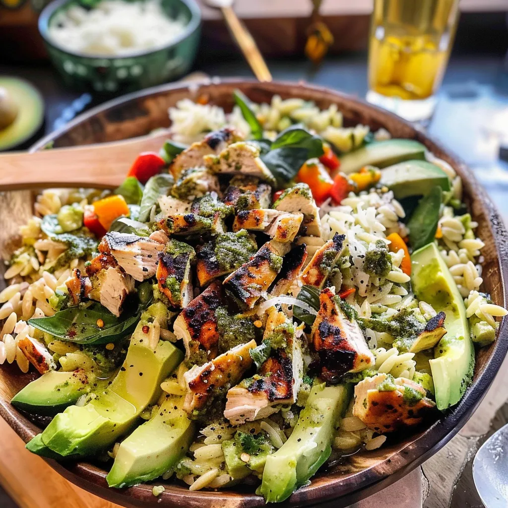 Tips for Pesto Chicken Avocado Orzo Salad.