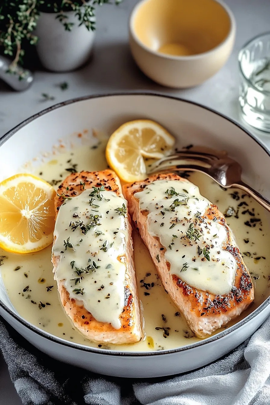 Baked Salmon with Lemon Butter Cream Sauce Plated
