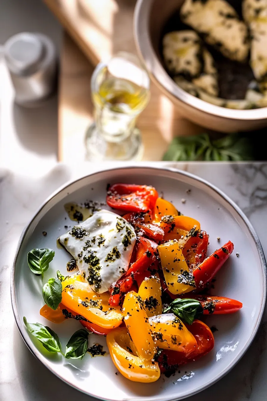 Charred Peppers with Marinated Feta and Tzatziki.