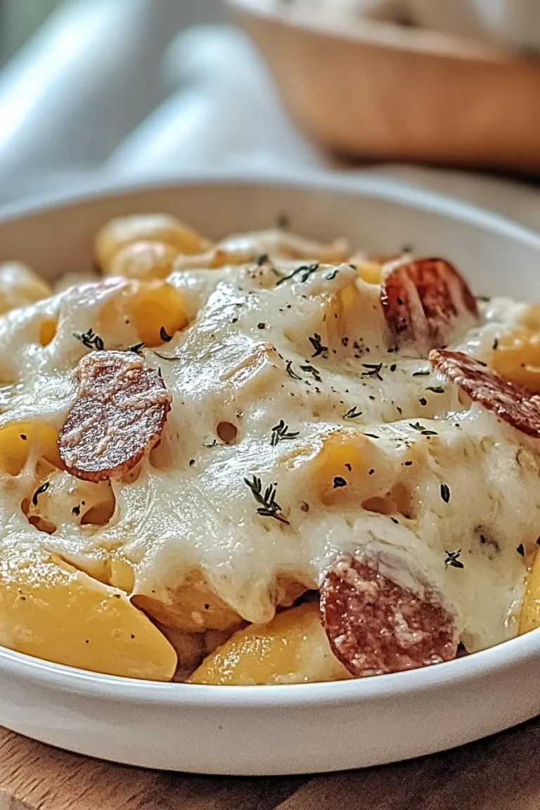 Cheesy Ranch Potatoes and Smoked Sausage in a Baking Dish