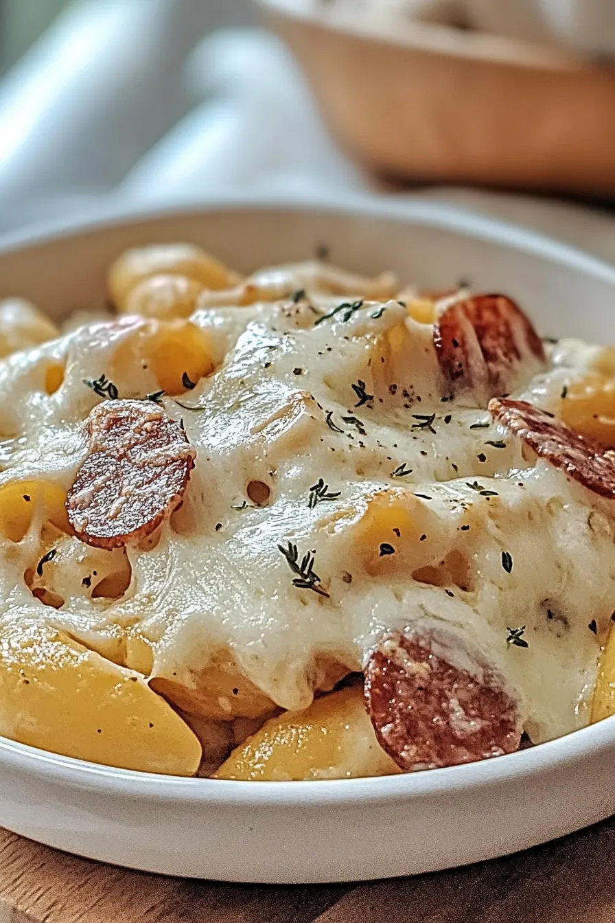 Cheesy Ranch Potatoes and Smoked Sausage in a Baking Dish