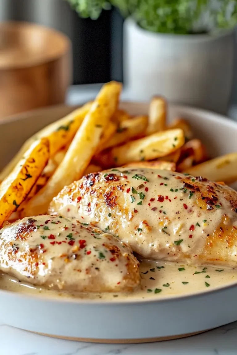 Creamy Garlic-Parmesan Chicken Fillet garnished with herbs