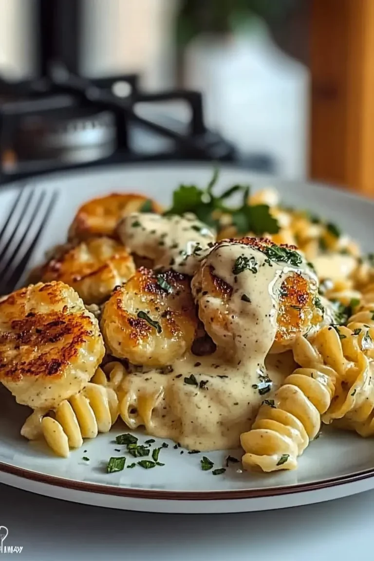 Creamy Garlic Parmesan Chicken with Cheesy Twisted Pasta Plate