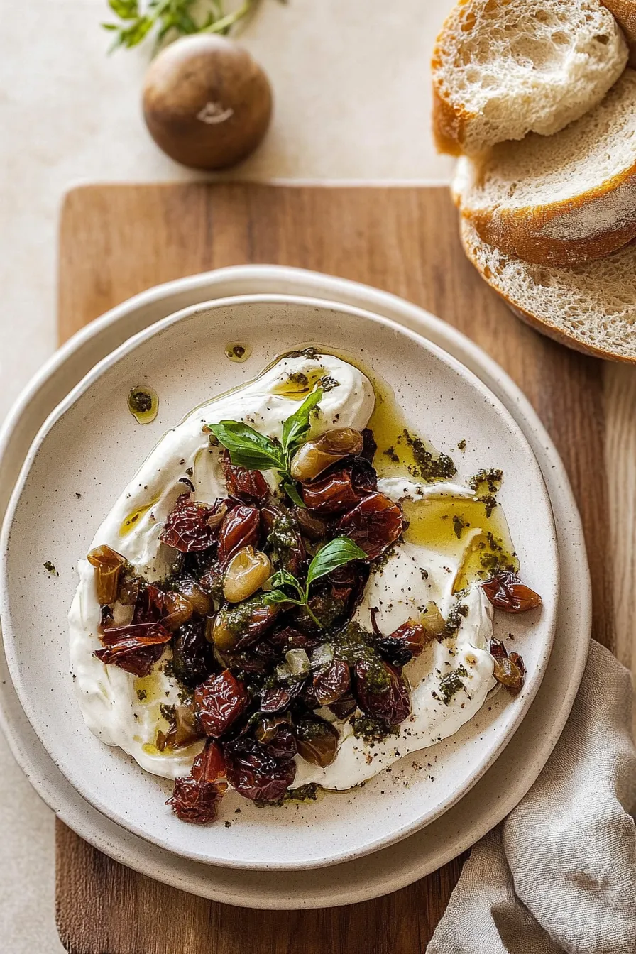 Honey Whipped Goat Cheese with Marinated Olives on a Platter