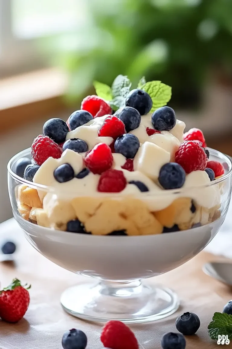 Red, White, and Blue Cheesecake Salad on a Serving Platter