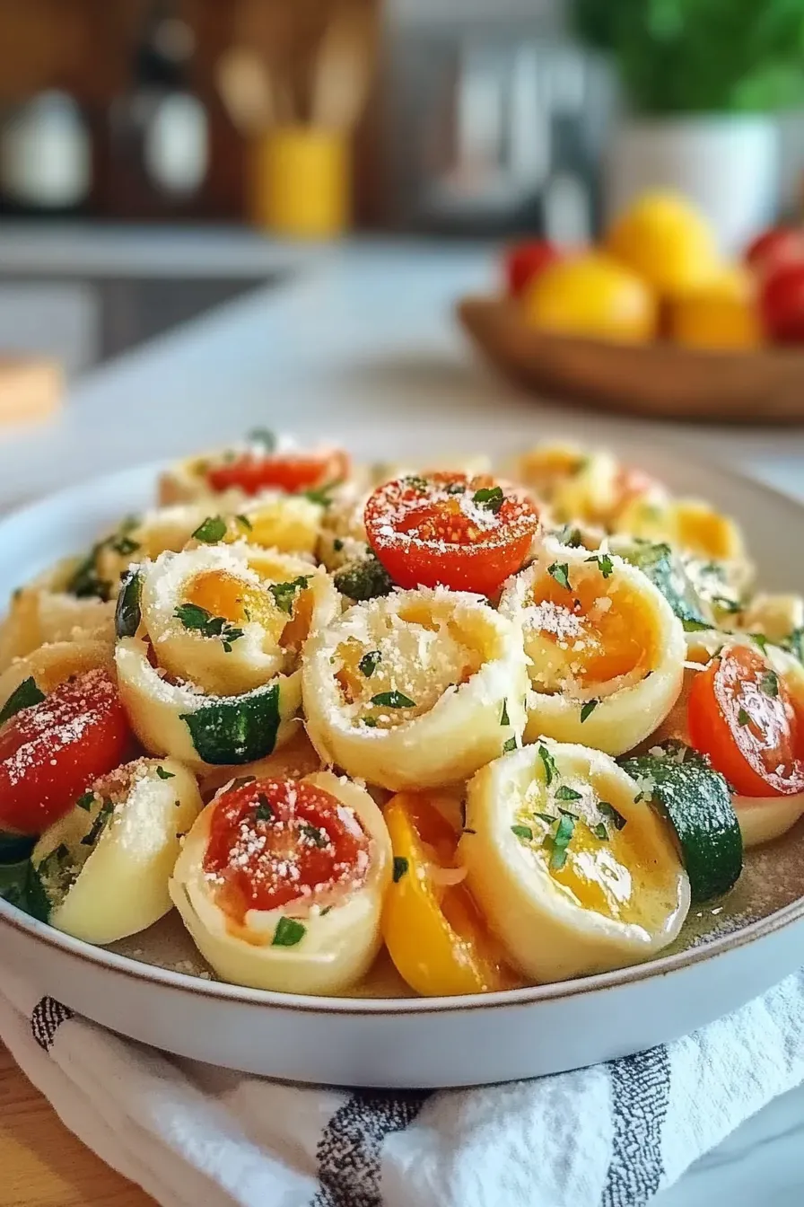 Tortellini with Summer Veggies in a Colorful Bowl