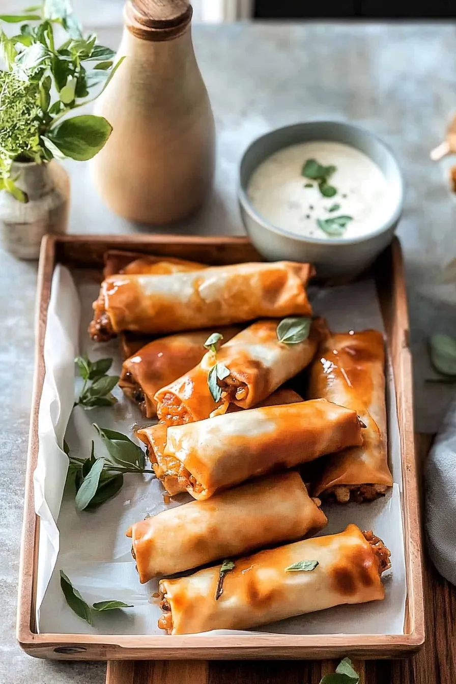Baked Buffalo Chicken Egg Rolls with Cilantro Lime Ranch.