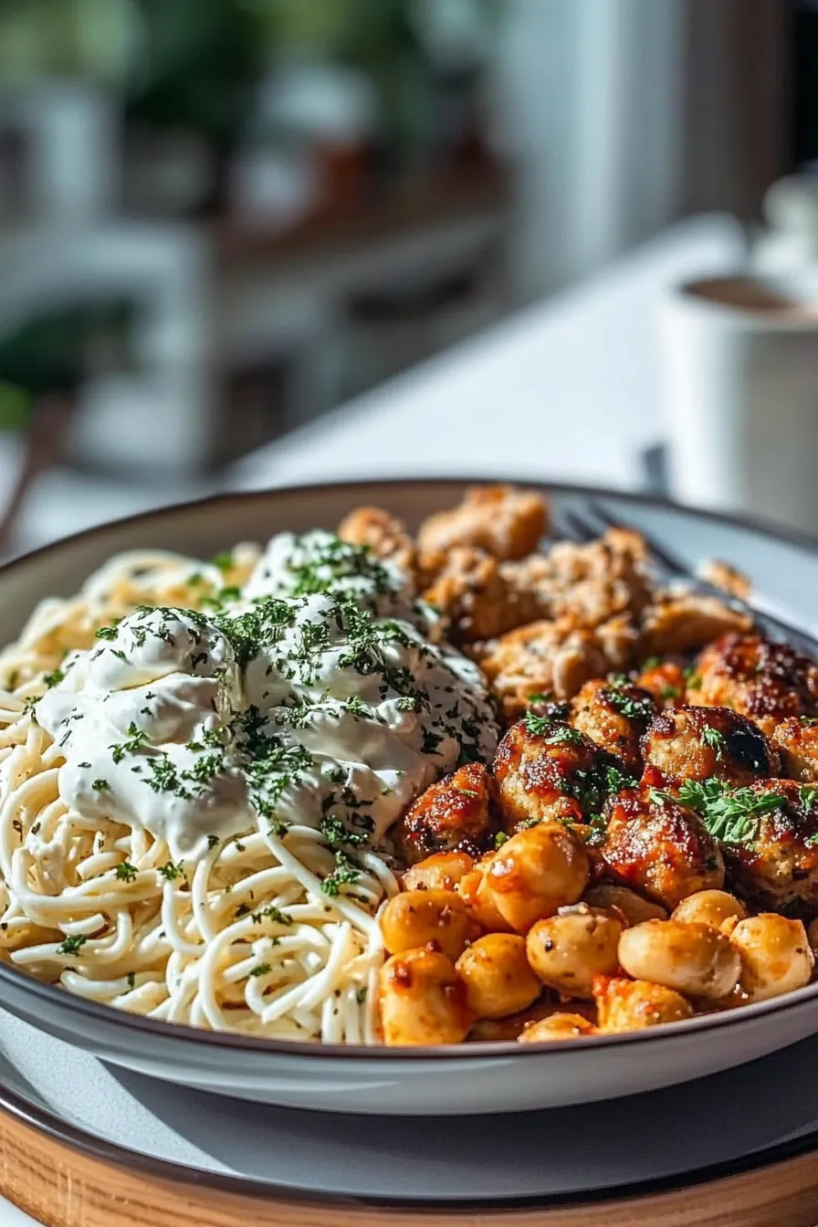 Creamy Cajun Chicken Pasta with Whipped Roasted Garlic Feta Plate