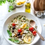 Mediterranean Orzo Pasta Salad with Basil Pesto in a Bowl