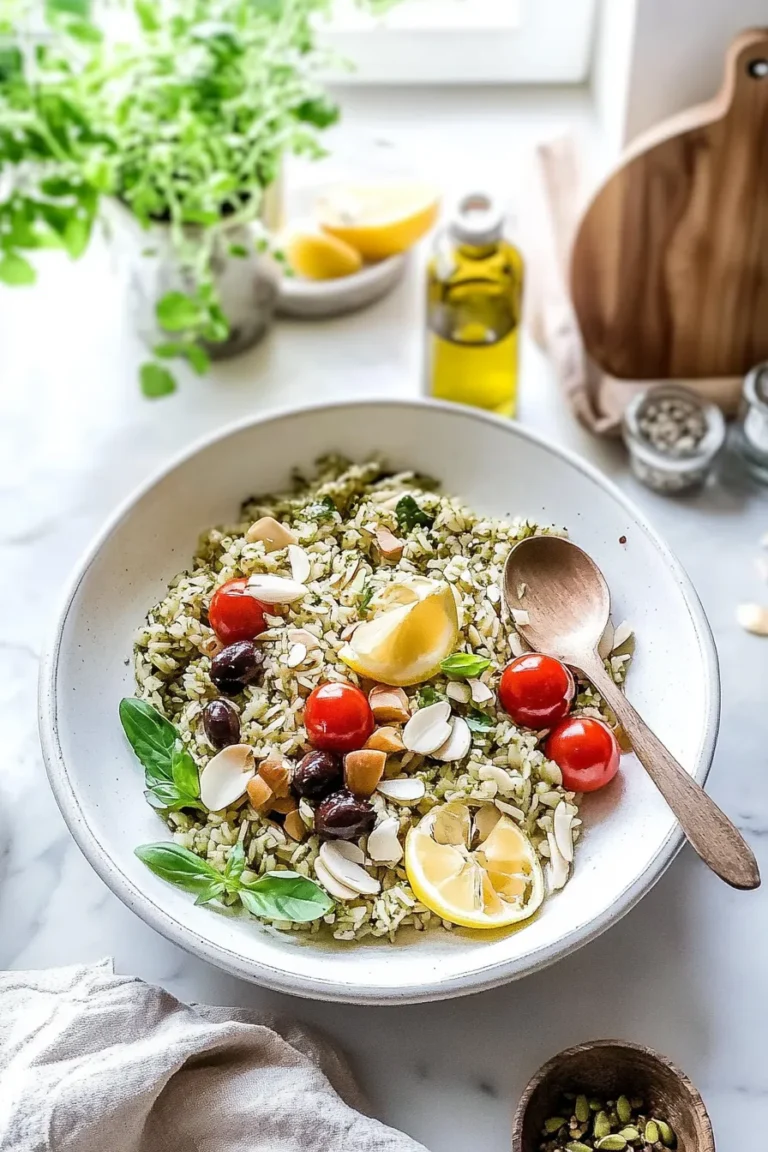 Mediterranean Orzo Pasta Salad with Basil Pesto in a Bowl