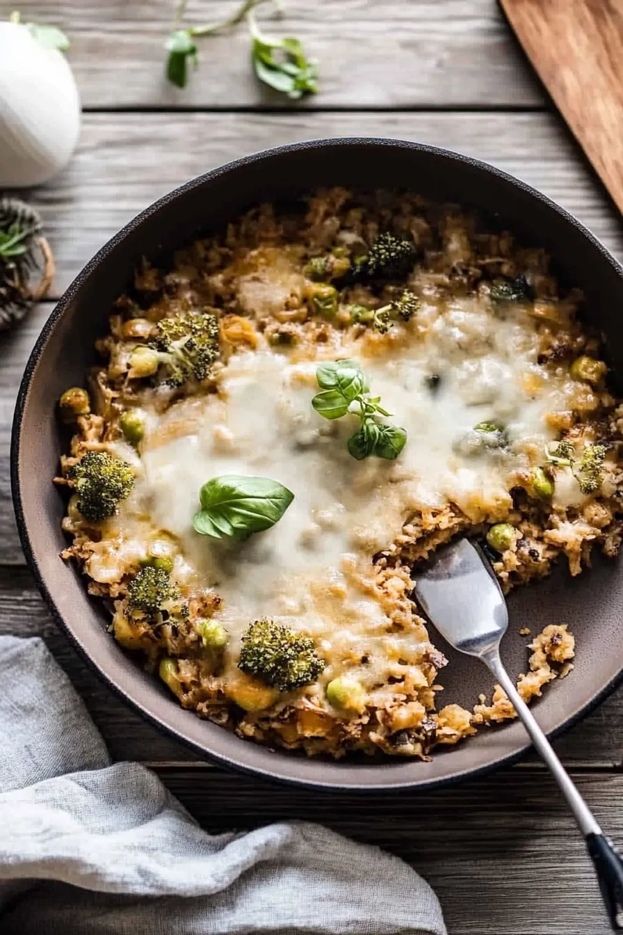 One Skillet Cheesy Broccoli Cheddar Orzo Bake.