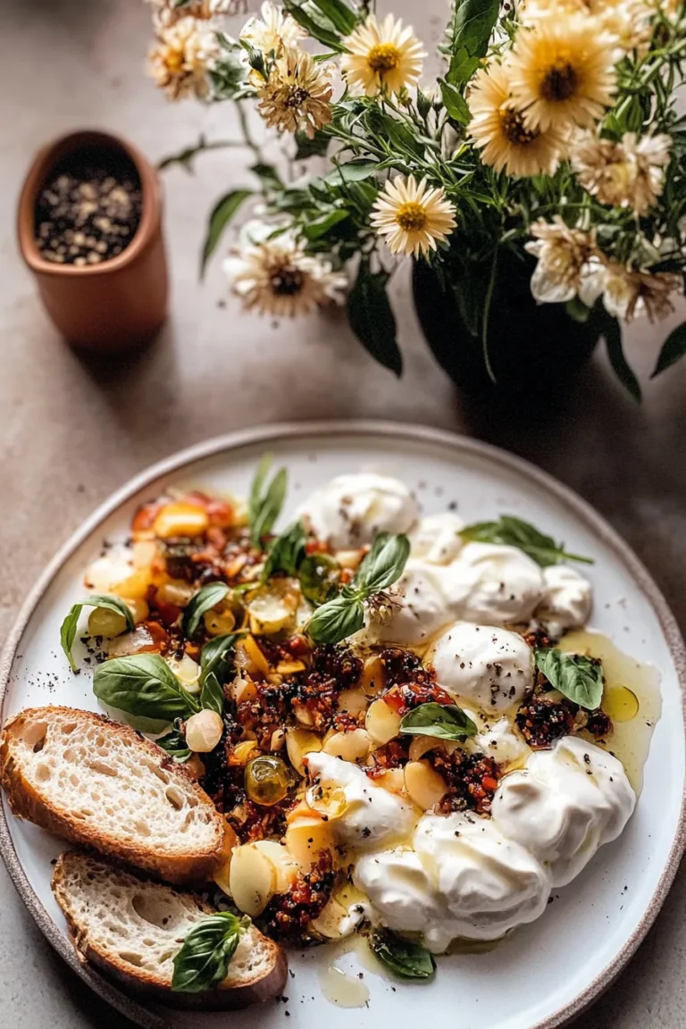 Smashed Burrata with Jam and Pistachios on White Plate