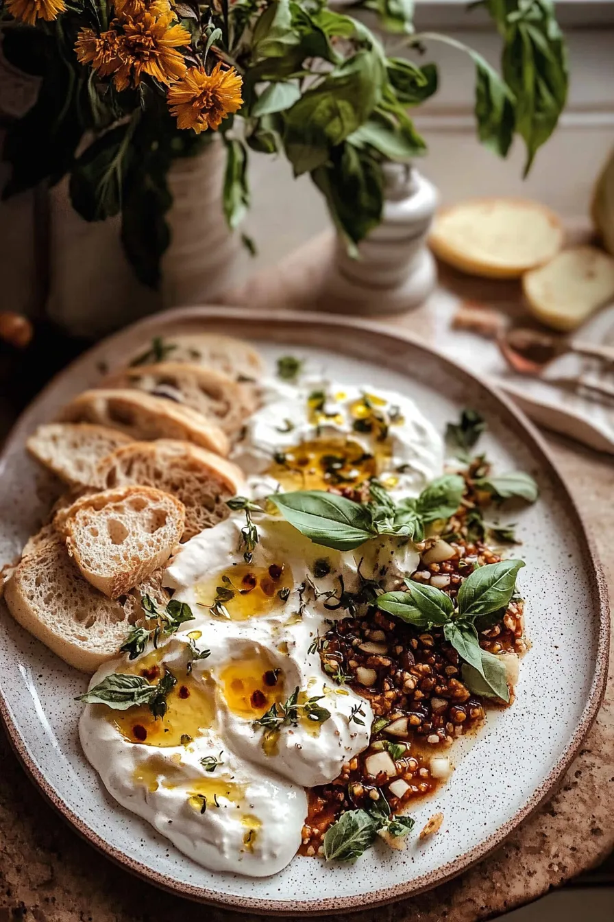 Smashed Burrata with Jam and Pistachios.