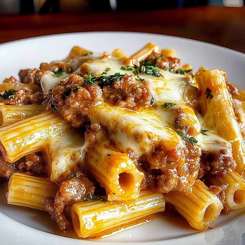 Cheesy Beef and Italian Sausage Rigatoni in Garlic Butter Sauce