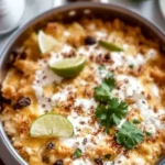 Salsa Verde Chicken and Rice Casserole on a Serving Plate