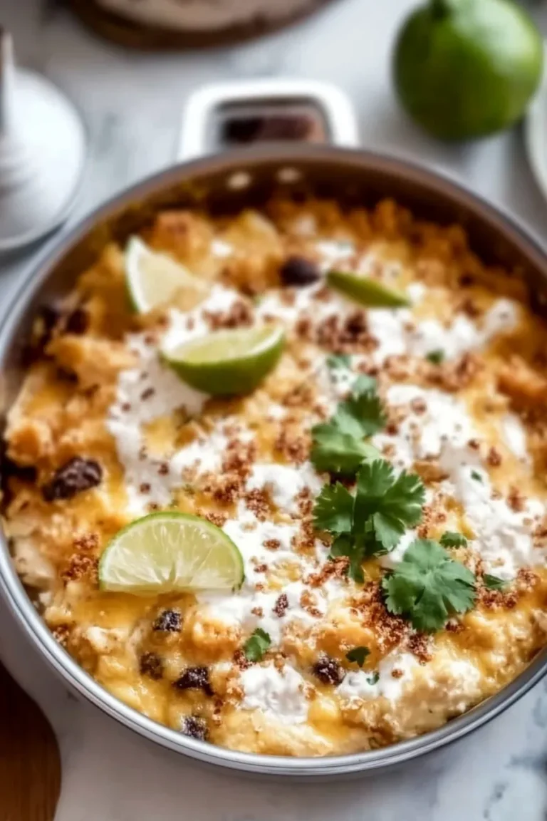 Salsa Verde Chicken and Rice Casserole on a Serving Plate