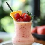 Strawberry Pina Colada in a Coconut Shell