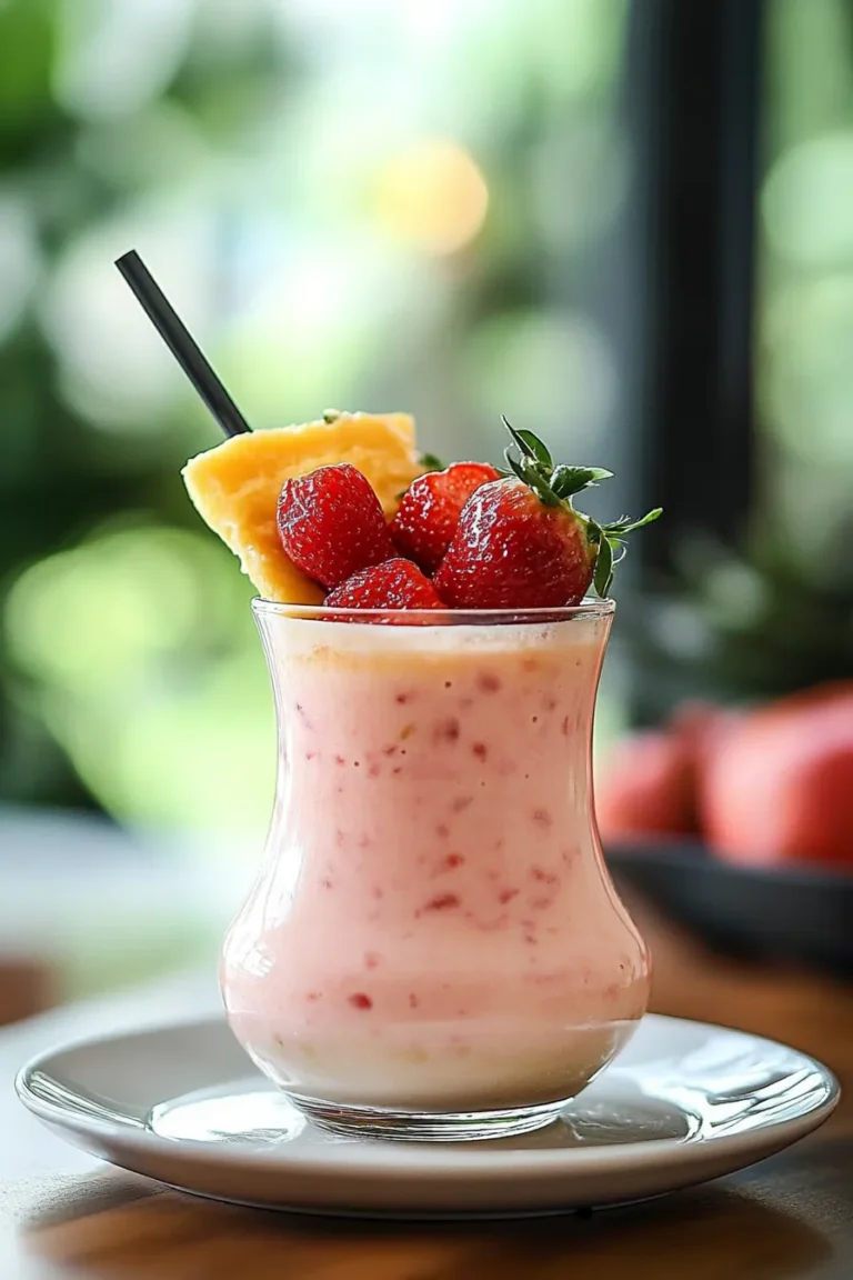 Strawberry Pina Colada in a Coconut Shell