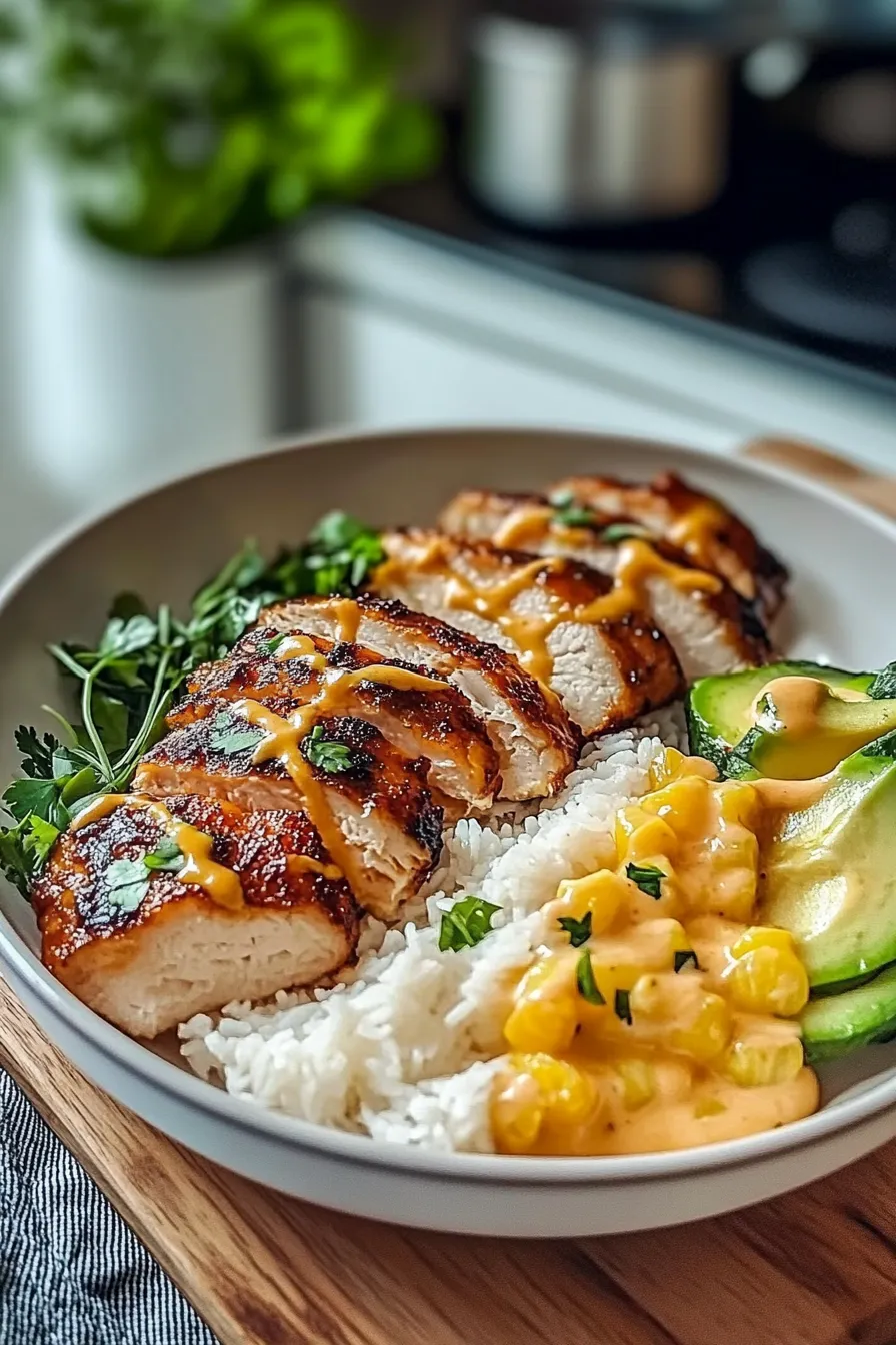 Delicious Sweet Chili Chicken Bowl with Coconut Lime Drizzle