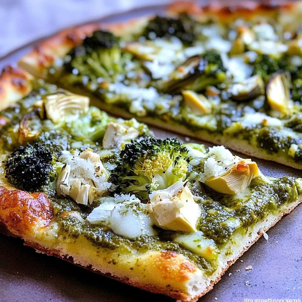 GREEN PIZZA WITH PESTO, FETA, ARTICHOKES, AND BROCCOLI