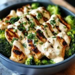 GRILLED CHICKEN & BROCCOLI BOWLS WITH CREAMY GARLIC SAUCE