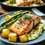 SHEET PAN SALMON AND ASPARAGUS WITH CRISPY SMASHED POTATOES: