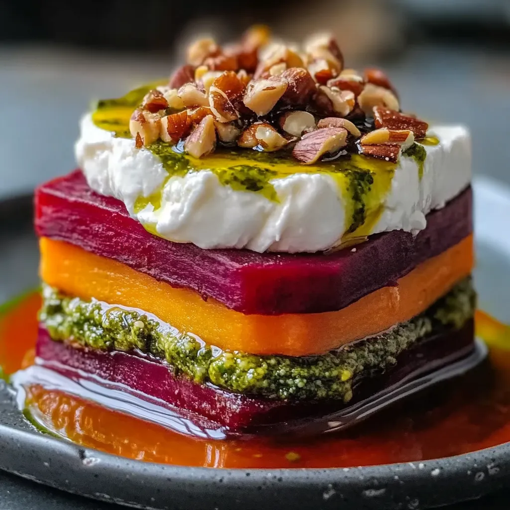 Sweet Potato & Beet Stacks with Pesto, Burrata & Walnuts Recipe