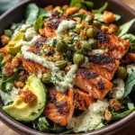 CAJUN SALMON CRUNCH SALAD WITH TAHINI DRESSING, CAPERS & AVOCADO