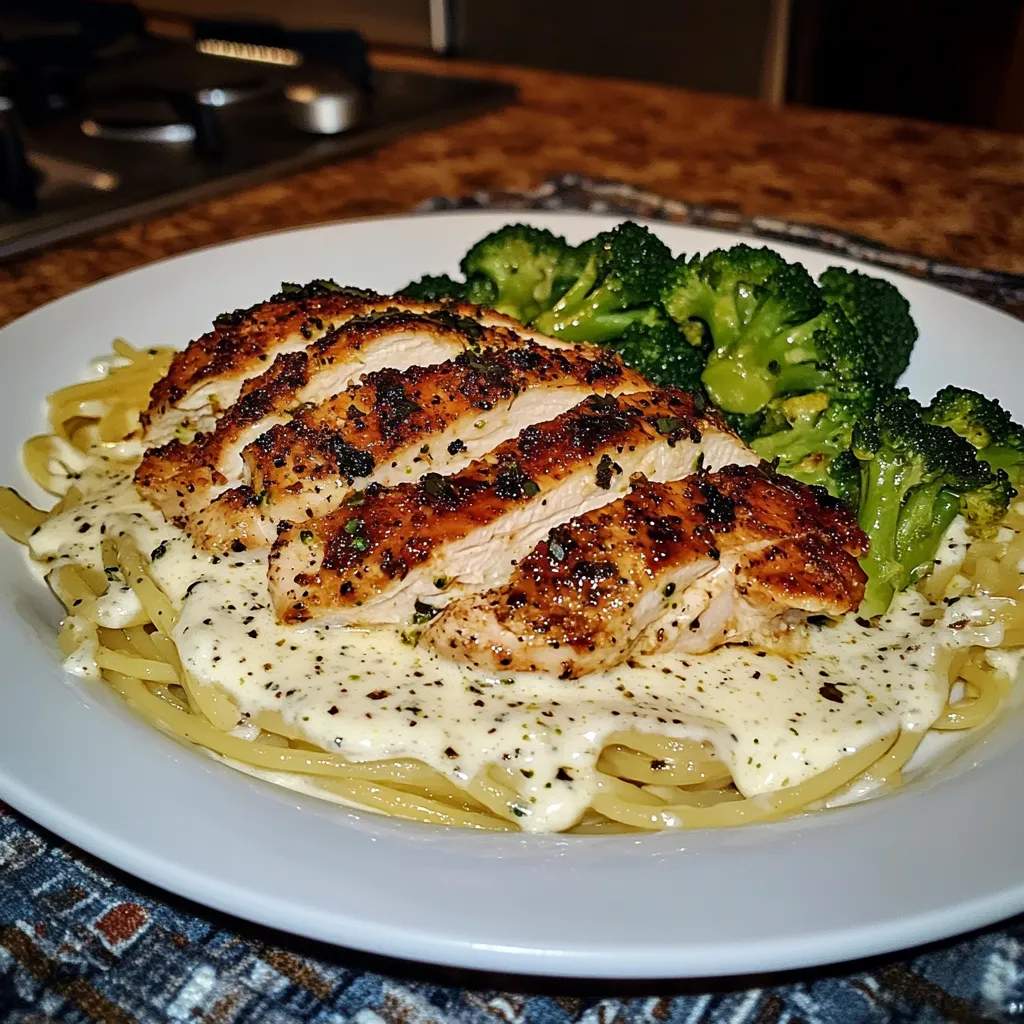 Chicken alfredo with angel hair pasta and broccoli delights!