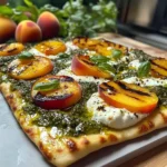 Pesto, Grilled Peach & Burrata Flatbread
