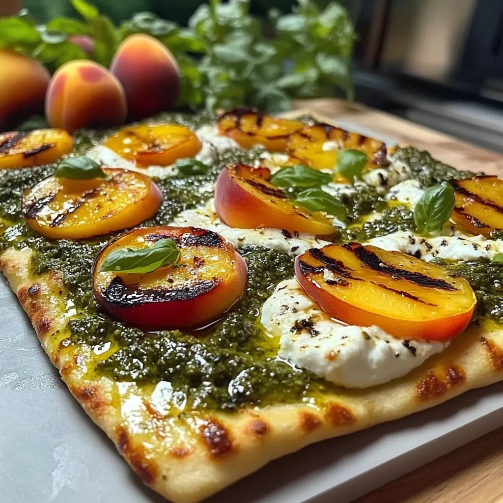 Pesto, Grilled Peach & Burrata Flatbread