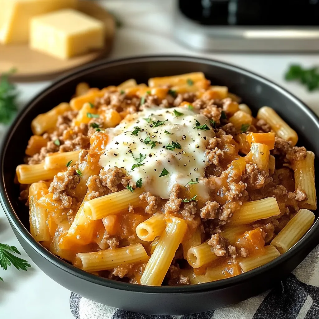CREAMY ROTEL PASTA WITH GROUND BEEF