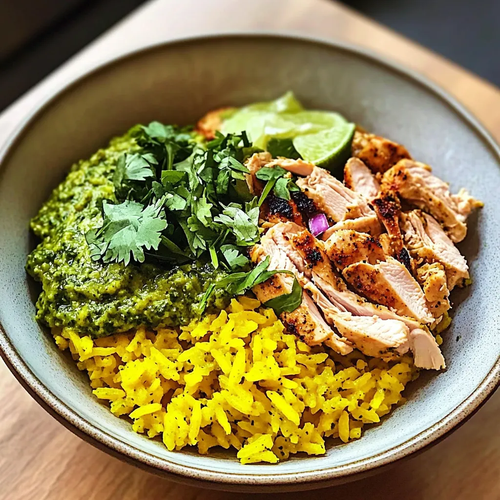 Flavorful Crockpot Chicken Bowls with Yellow Rice & Pesto