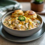 Hearty white chicken chili with jalapeño cheddar biscuit toppers