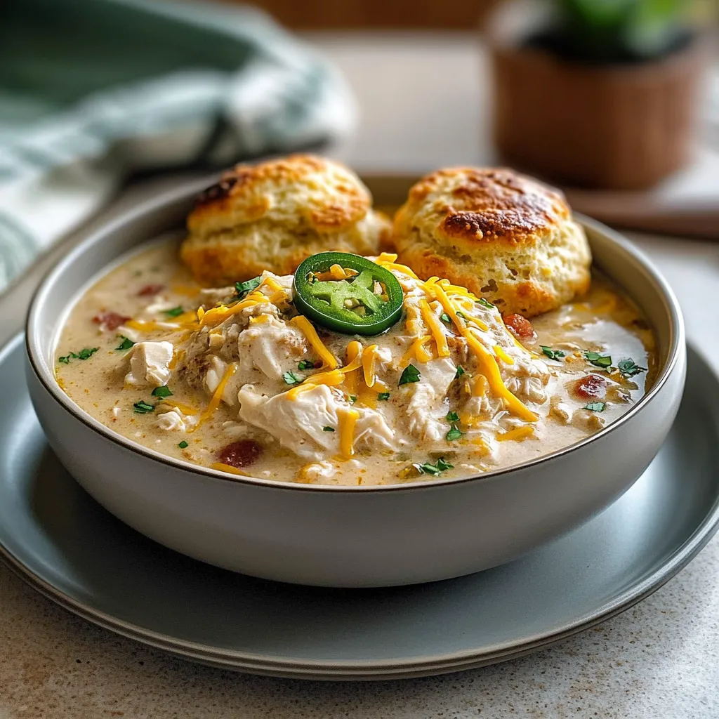 Hearty white chicken chili with jalapeño cheddar biscuit toppers