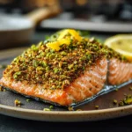 Savory pistachio crusted salmon topped with fresh lemon zest