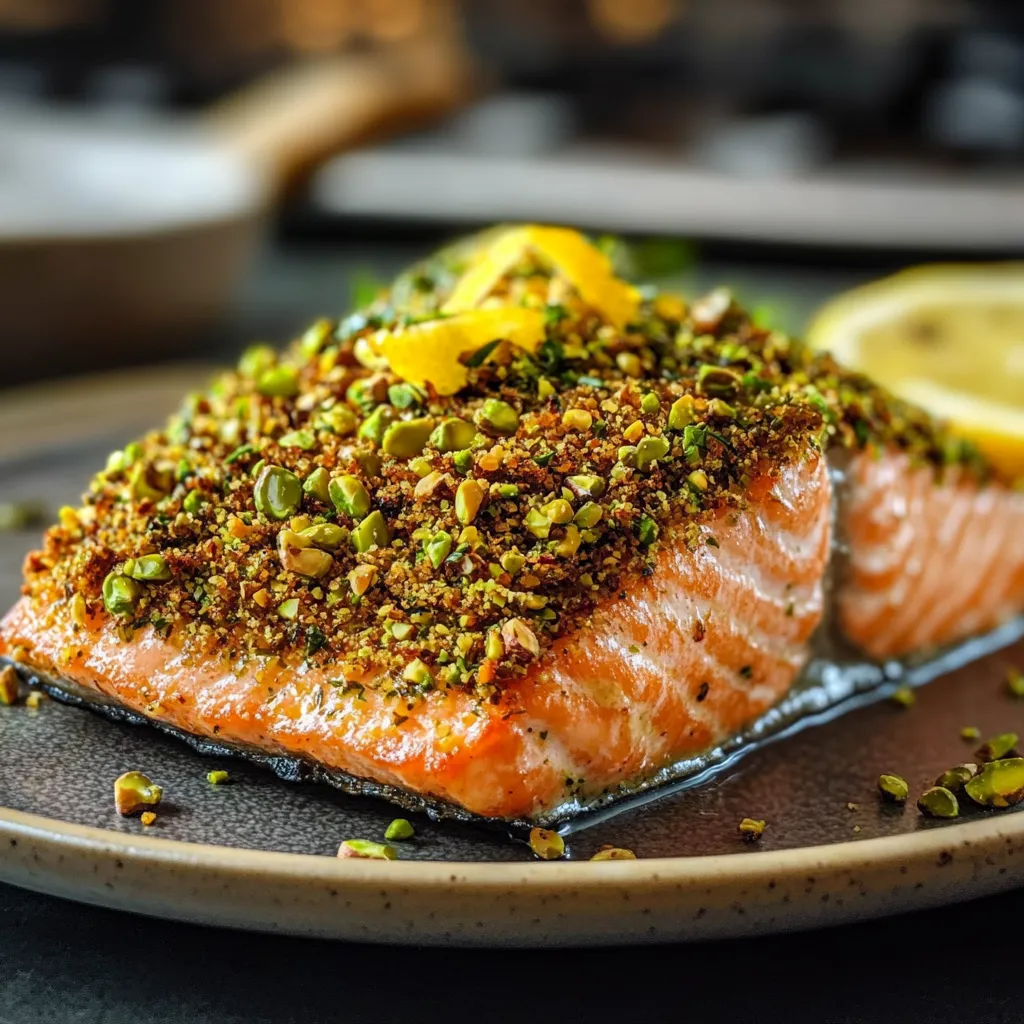 Savory pistachio crusted salmon topped with fresh lemon zest