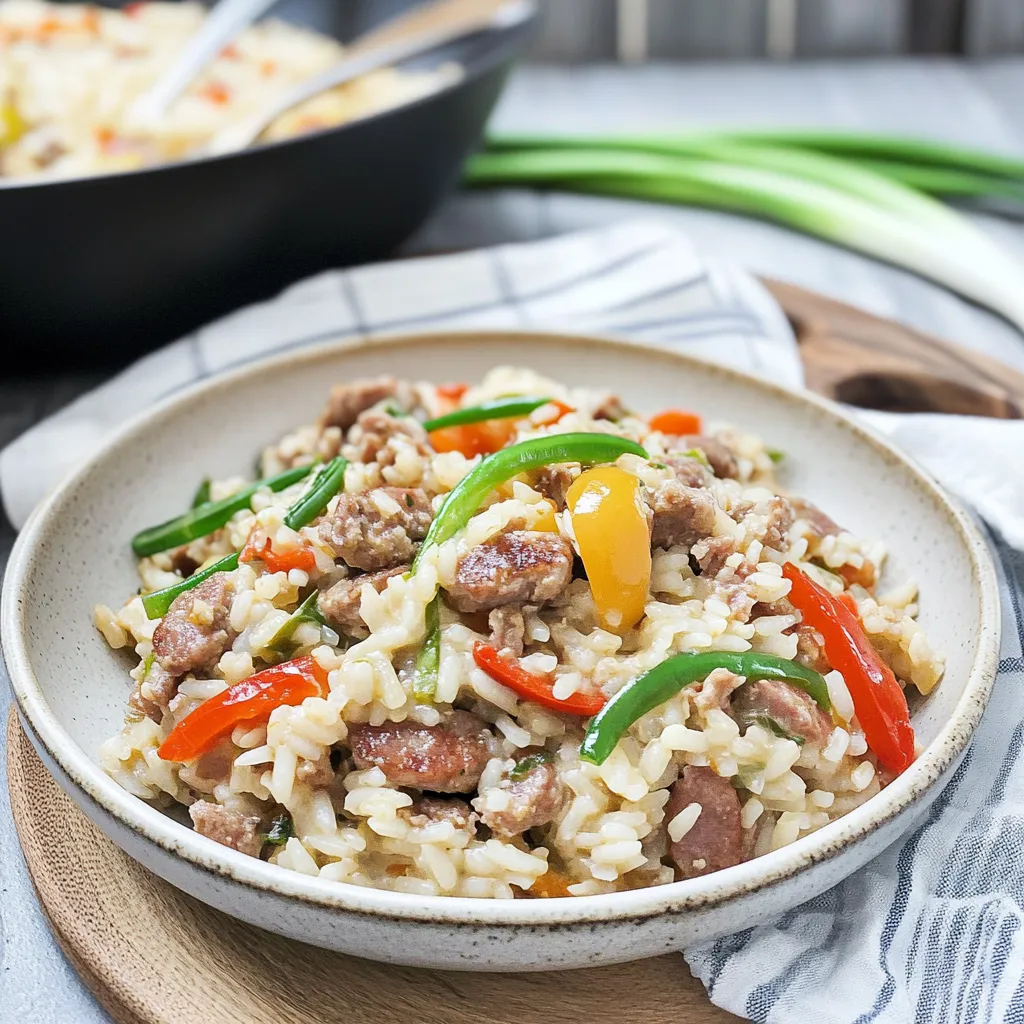 ITALIAN SAUSAGE BELL PEPPER AND GARLIC SCAPE RISOTTO